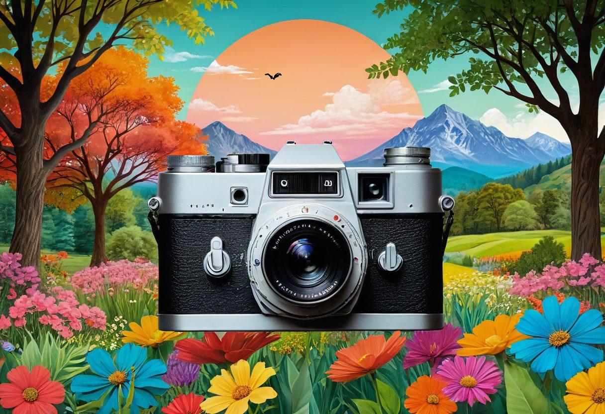 A whimsical collage depicting a camera transforming snapshots into vibrant, animated stories in a magical landscape. Include elements of nature, like trees and flowers, blending with floating images and creative doodles that represent various moments. Use bright colors and dynamic compositions to convey creativity and joy. A subtle gradient background that enhances the focal points. super-realistic. vibrant colors. whimsical style.