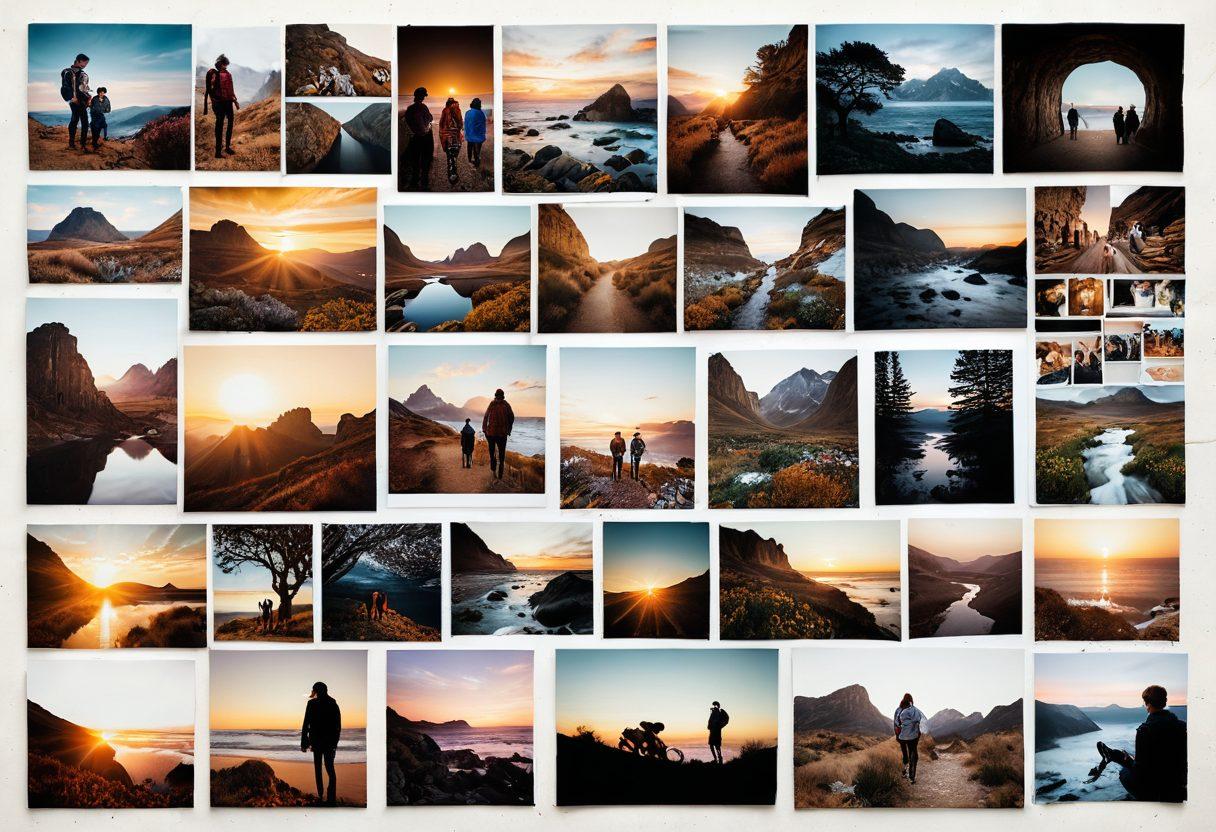 A captivating collage showcasing a diverse array of photographs representing storytelling through visuals, featuring landscapes, candid moments, and portraits. The images should be framed with artistic borders and layered creatively to symbolize depth in storytelling. Soft bokeh effects should create a dream-like quality, evoking emotion and connection. Include a camera and a notebook subtly in the background, hinting at the art of capturing and documenting stories. vibrant colors. modern collage style.