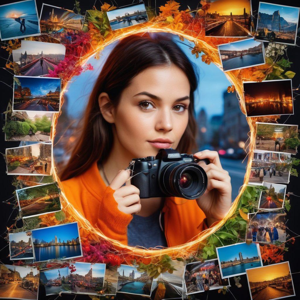 A vibrant collage of diverse photographers capturing moments with their cameras, interspersed with colorful snapshots of nature, city life, and portraits, all connected with a thread of light symbolizing shared stories. The background features a world map made of photographs, representing global connections. super-realistic. vibrant colors. 3D.